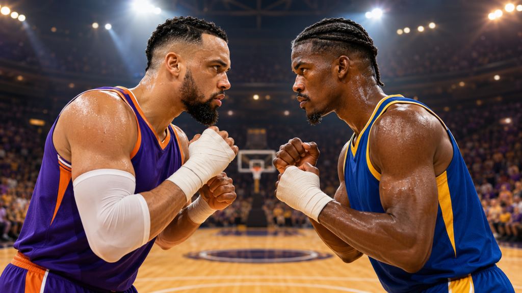 ilustracja AI: Bokserskie wyzwanie Dillona Brooksa dla Jimmy'ego Butlera po gorącej rywalizacji w play-offach NBA 2025