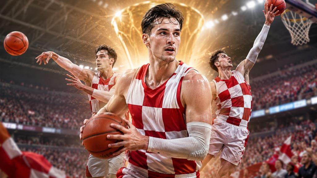 ilustración con IA: Mario Hezonja, primer MVP de las eliminatorias FIBA tras un triple-doble histórico y el 5-1 de Croacia