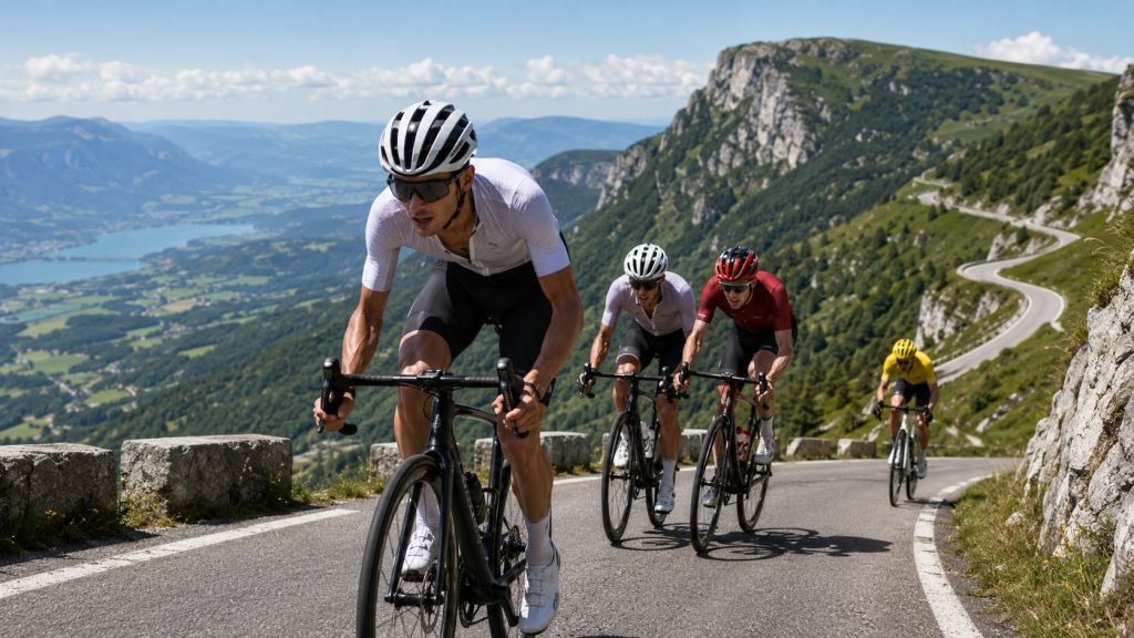 illustration IA: Isaac del Toro s’impose au Grand Colombier, Tuckwell reste leader du Tour Auvergne-Rhône-Alpes 2026 en montagne