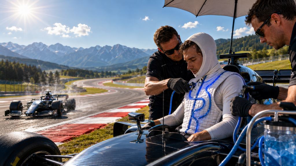 KI-Illustration: Formel 1 aktiviert Heat Hazard beim Österreich-GP: Hitze, Kühlwesten und Sicherheit am Red Bull Ring