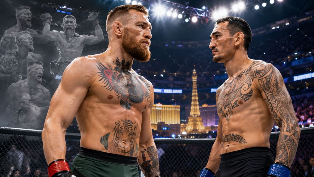 ilustracja AI: Powrót McGregora na UFC 329 z Hollowayem i spór o największego zawodnika wagi piórkowej w całej historii