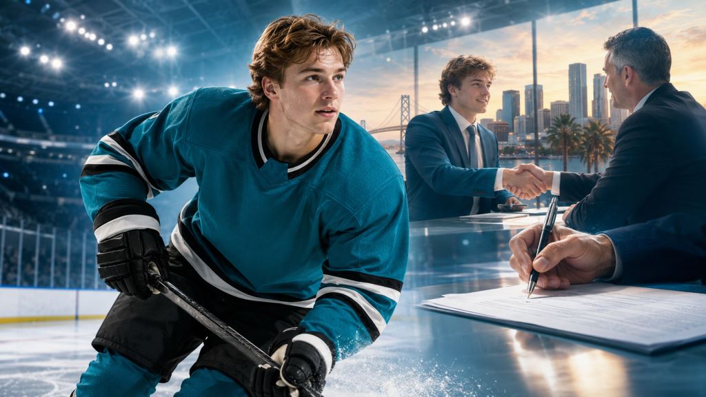 KI-Illustration: Macklin Celebrini unterschreibt Rekordvertrag bei den San Jose Sharks und wird bestbezahlter NHL-Spieler