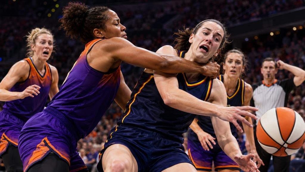 AI illustration: Alyssa Thomas suspended after Caitlin Clark neck contact in Phoenix Mercury’s tense 111-109 WNBA win