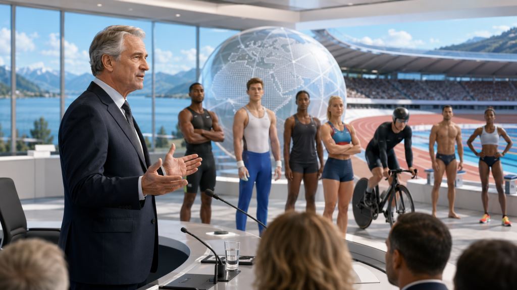 KI-Illustration: Samaranch, olympische Neutralität und neues Spiele-Programm nach Beschlüssen von Lausanne für Brisbane 2032