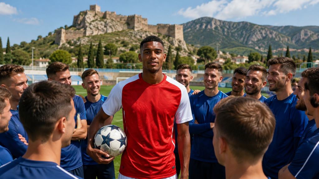 KI-Illustration: Cristhian Mosquera trainiert mit NK Uskok Klis, Arsenal-Verteidiger sorgt bei Fußballbesuch in Dalmatien für Aufsehen