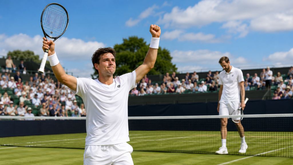 ilustracja AI: Majchrzak pokonał Medvedeva 7:6, 6:1 w Libéma Open i zagra w pierwszym finale ATP w karierze na trawie