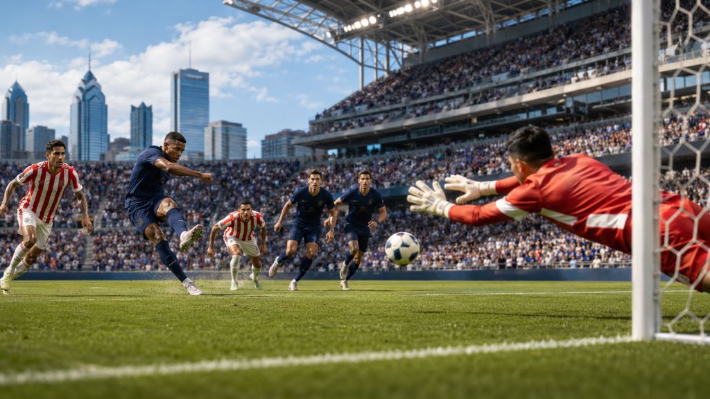 AI illustration: Mbappé penalty sends France past stubborn Paraguay and into World Cup 2026 quarter-finals in Philadelphia