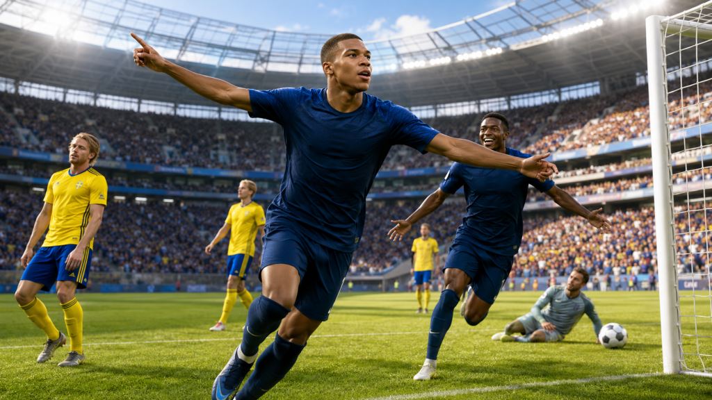 KI-Illustration: Frankreich mit Mbappé schlägt Schweden 3:0 in East Rutherford und setzt ein klares Zeichen bei der WM