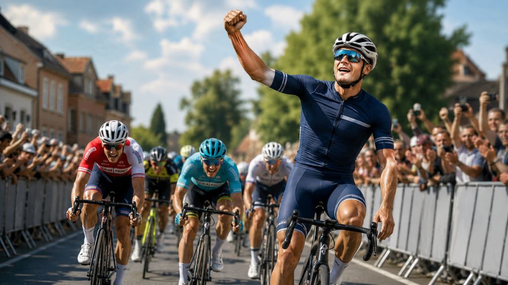 ilustracja AI: Jasper Philipsen, zwycięzca 5. etapu i klasyfikacji generalnej Baloise Belgium Tour 2026 po sprincie