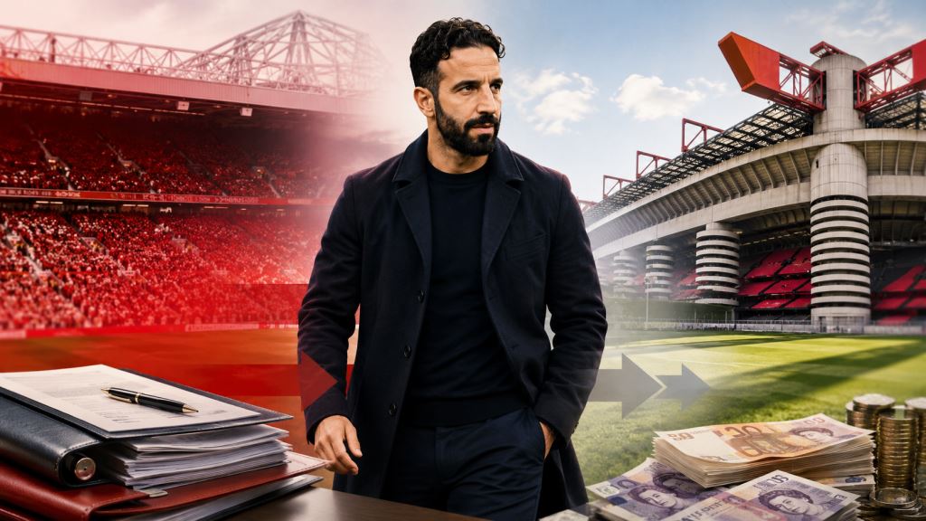 KI-Illustration: Rúben Amorim vor Wechsel zu AC Milan: Manchester United hofft auf finanzielle Entlastung nach Trennung