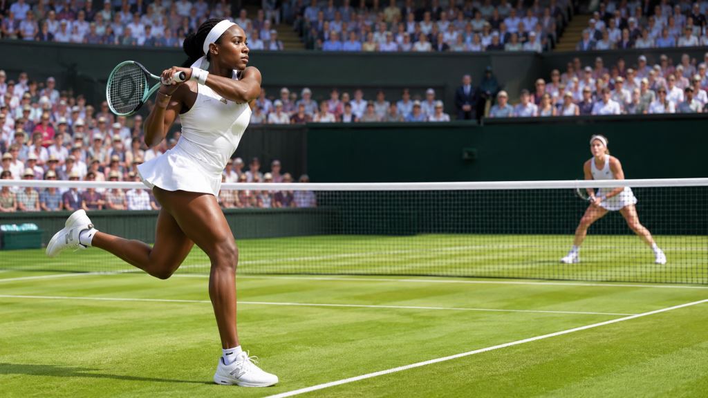 AI illustration: Coco Gauff makes commanding Wimbledon start with first-round win over Tamara Korpatsch on London grass