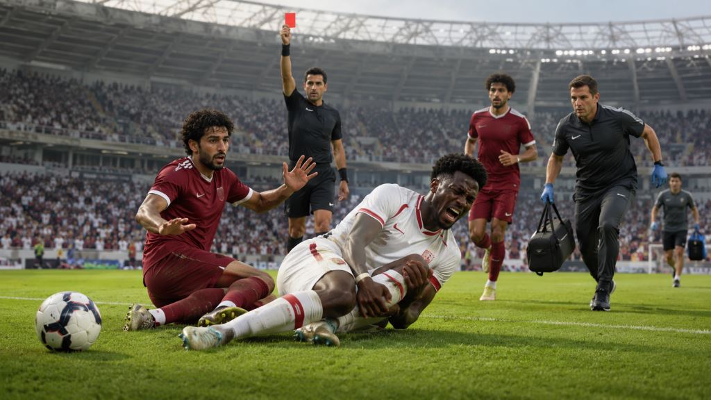 AI ilustracija: FIFA-ina suspenzija Assima Madiba zbog starta na Ismaëlu Konéu i prijeloma noge u utakmici Kanada - Katar