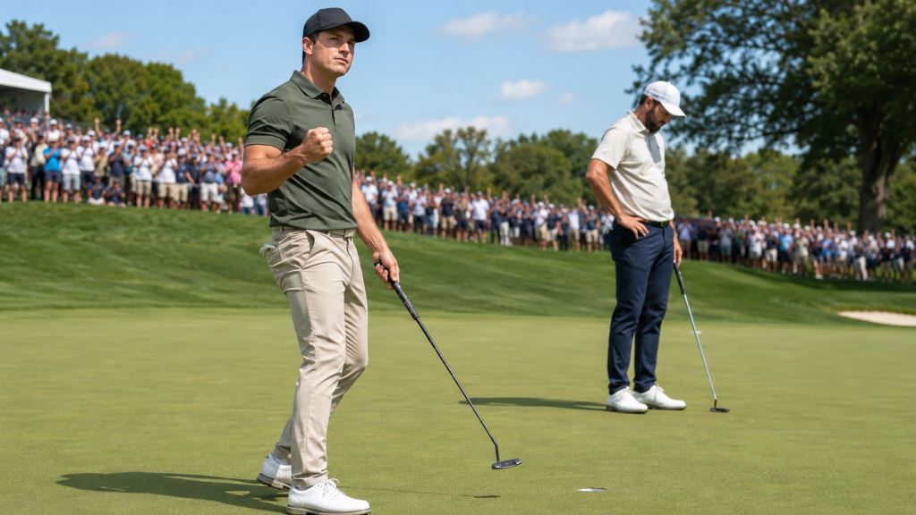 illustration IA: Viktor Hovland bat Scottie Scheffler avec un birdie en barrage au Travelers Championship 2026 à Cromwell