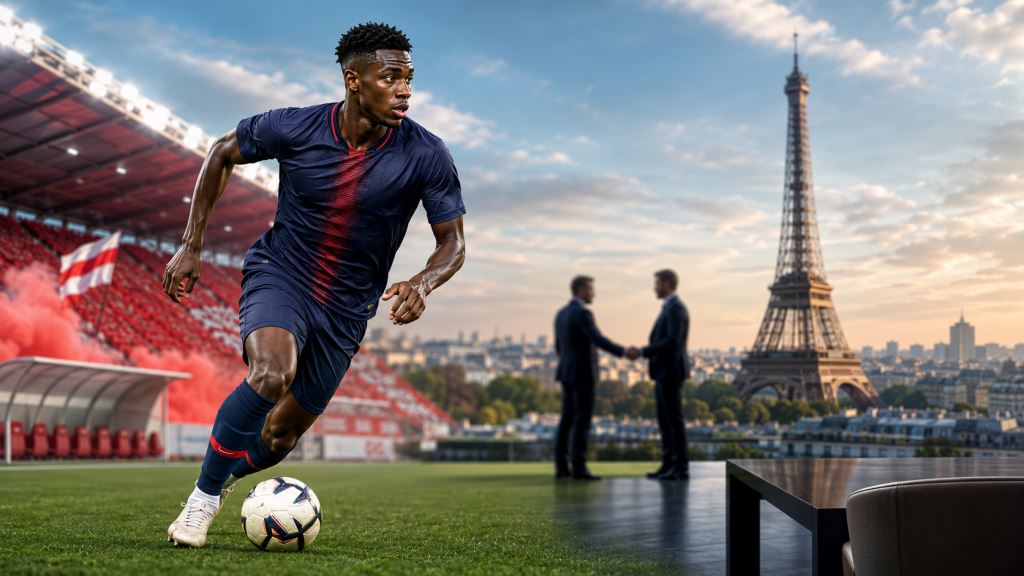 KI-Illustration: PSG verhandelt mit Leipzig über Yan Diomande, junges Stürmertalent drängt Richtung Paris im Transfersommer