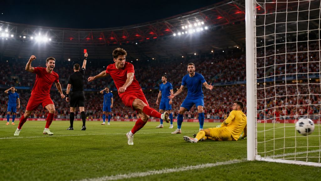 KI-Illustration: Schweiz - Bosnien und Herzegowina 4:1: Manzambi-Doppelpack und Muharemović-Rot in Gruppe B bei der WM 2026