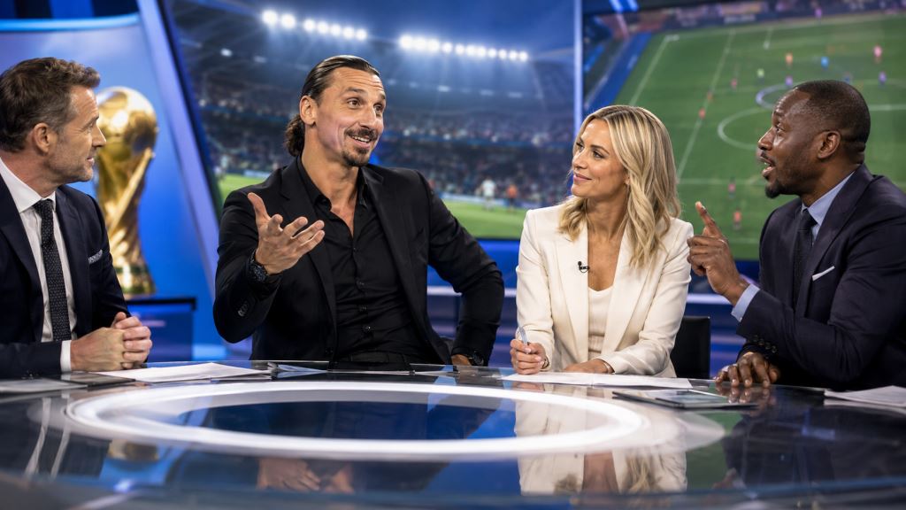 ilustración con IA: Zlatan Ibrahimović se convirtió en estrella televisiva y Rebecca Lowe transformó el caos del plató en éxito