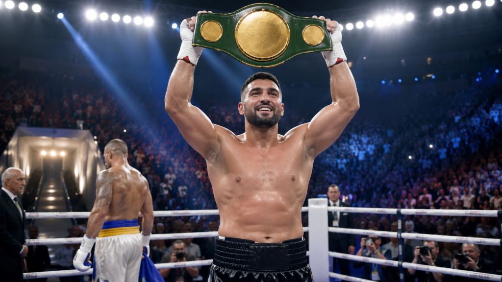 AI illustration: Agit Kabayel becomes new WBC heavyweight champion after Usyk vacates belts and boxing hierarchy shifts