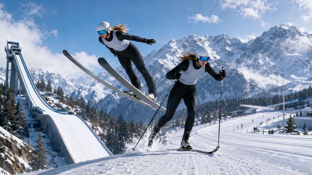 KI-Illustration: Frauen in der Nordischen Kombination vor IOC-Entscheidung für Olympia 2030 in den Französischen Alpen