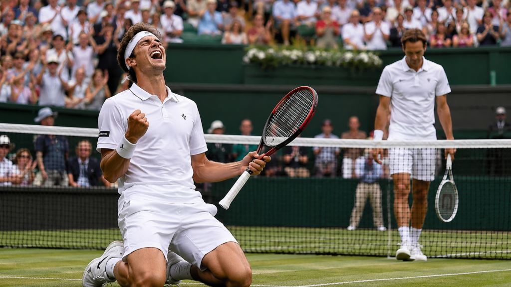 KI-Illustration: Daniel Altmaier bezwingt Daniil Medvedev in Halle und erreicht das große Rasen-Halbfinale des Turniers