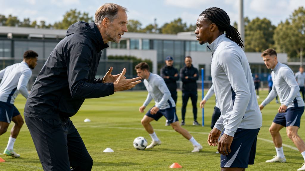 illustration IA: Djed Spence et Thomas Tuchel au centre de l’Angleterre avant le Ghana après la Croatie au Mondial 2026